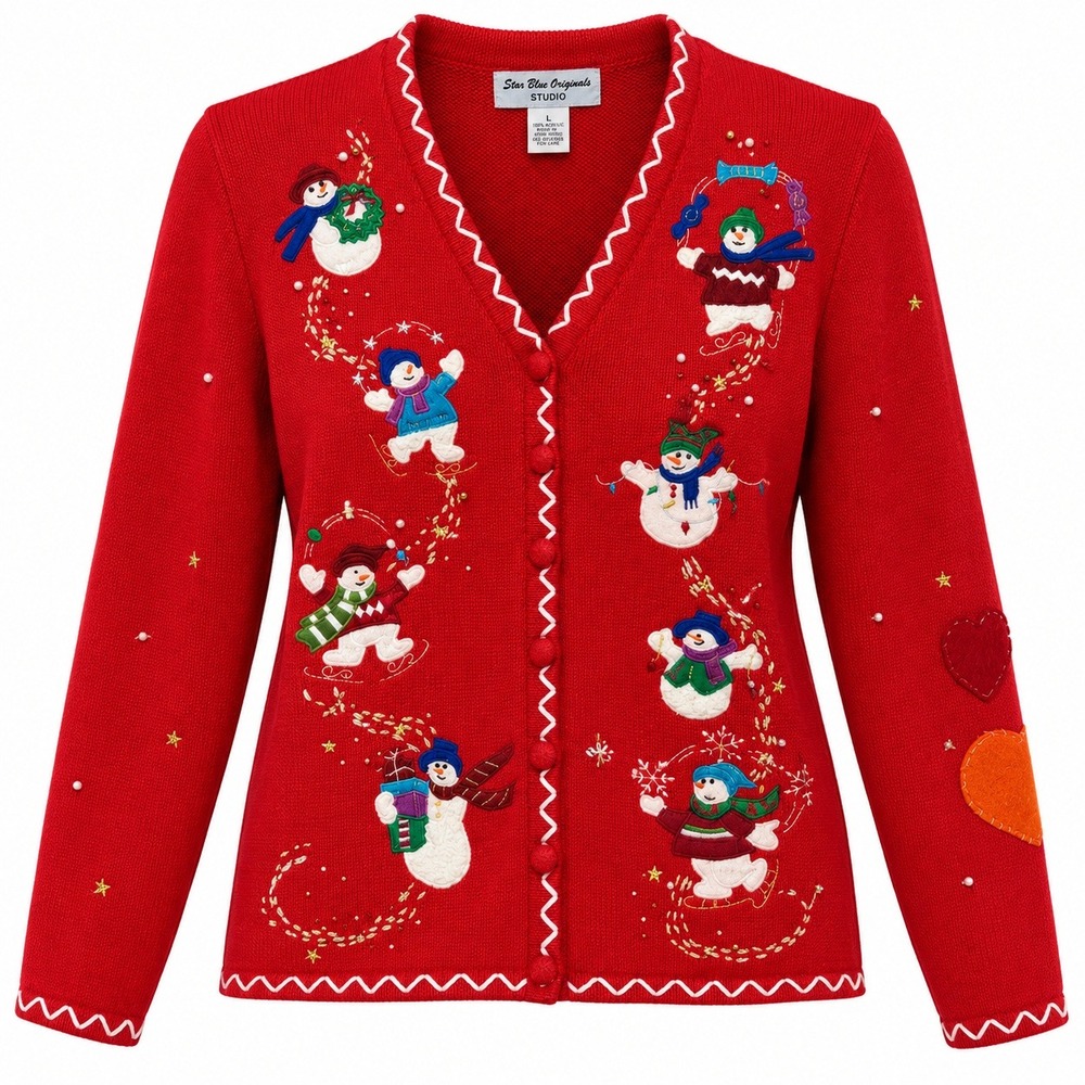 Vtg Star Blue Originals Christmas Snowman Cardigan Women Large Twee Grandmacore